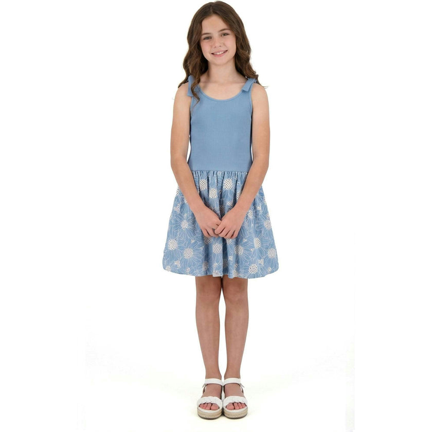 Tween Girls Rib Knit Bow Shoulder Dess | Floral Eyelet