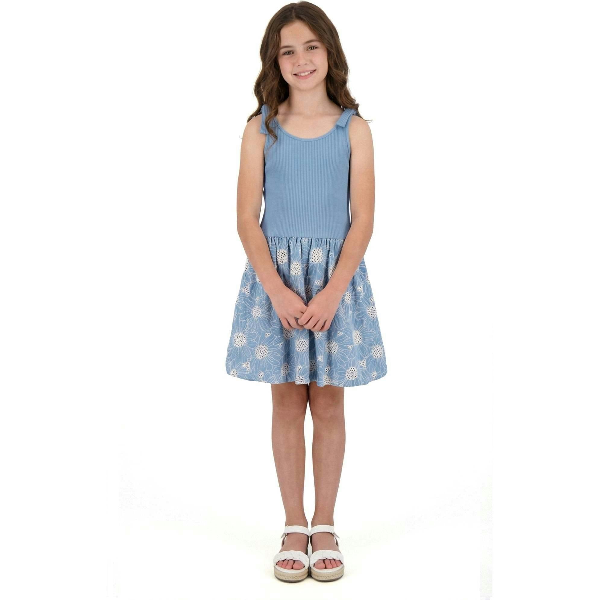 Tween Girls Rib Knit Bow Shoulder Dess | Floral Eyelet