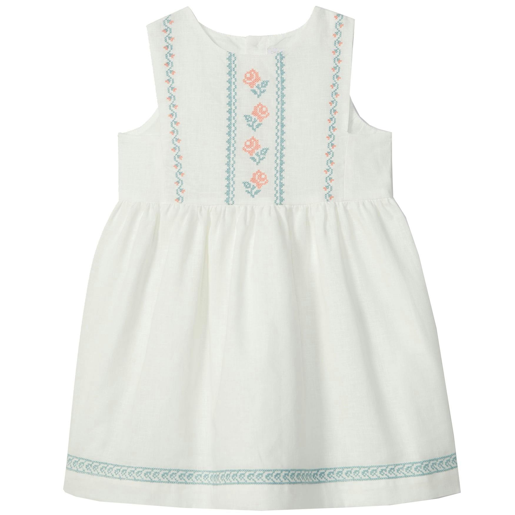 LARANJINHA Embroidered Weekend Dress - Off-White & Salmon