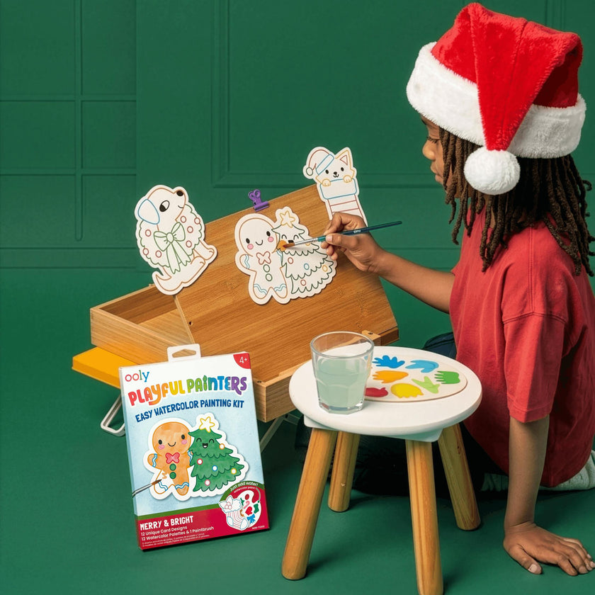 Playful Painters Easy Watercolor Painting Kit - Merry & Bright - 12 Cards 12 Palettes 1 Paintbrush