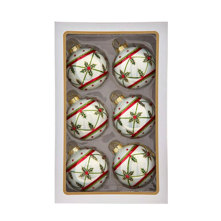 Kurt Adler 80MM Glass White, Red & Green Holly Berry Ball Ornaments, 6-Piece Box