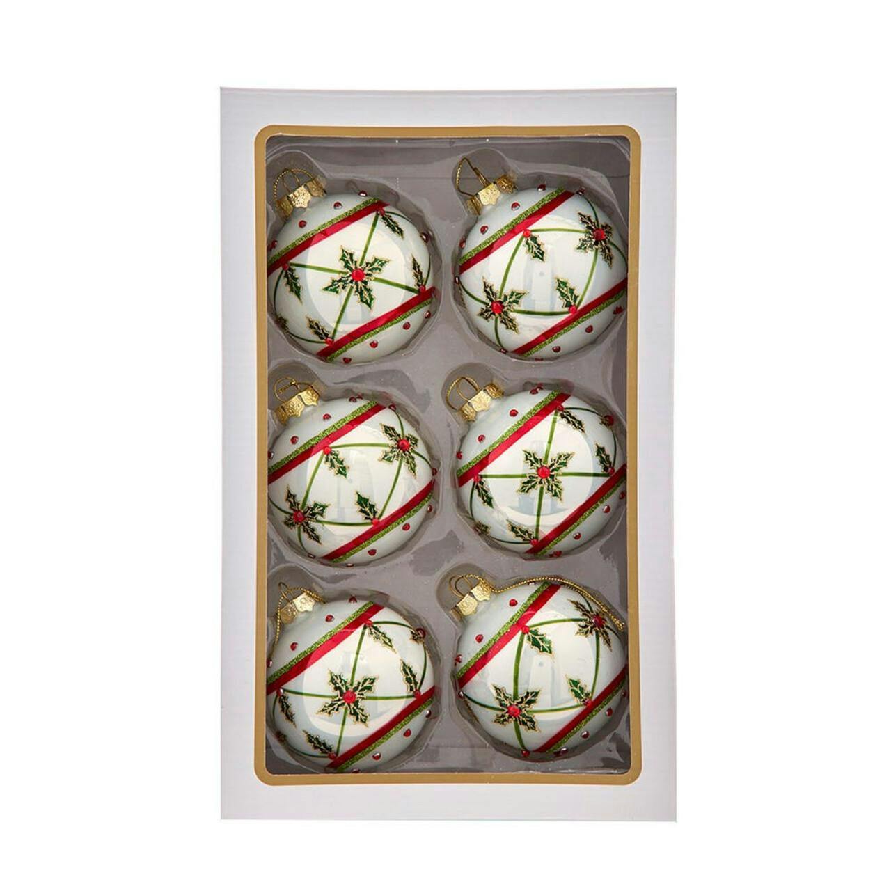 Kurt Adler 80MM Glass White, Red & Green Holly Berry Ball Ornaments, 6-Piece Box