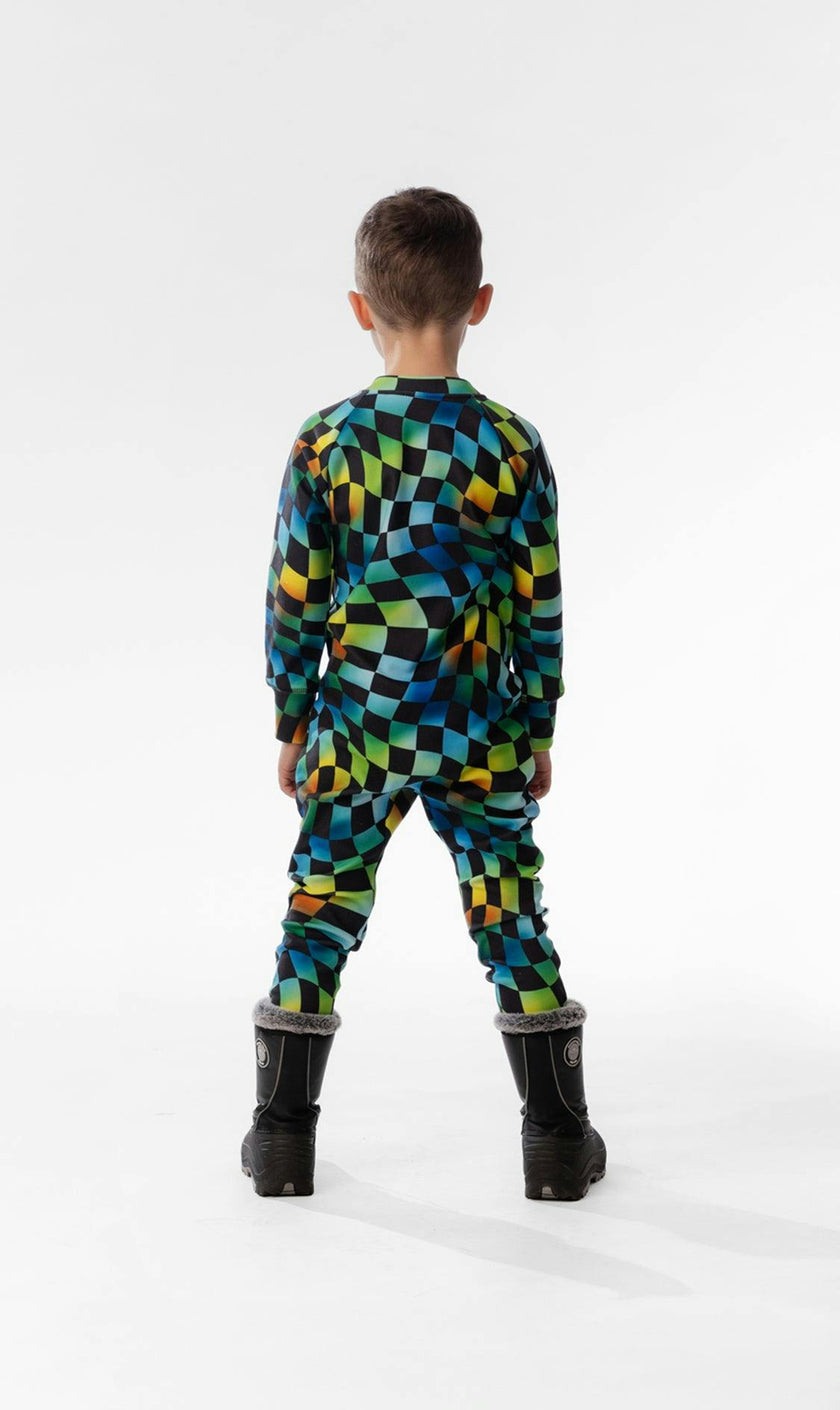 One Piece Thermal Underwear Blue Checkered Print