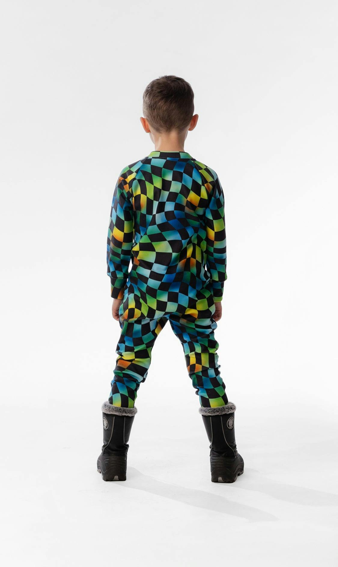 One Piece Thermal Underwear Blue Checkered Print