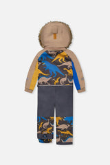 Kids One Piece Play Snowsuit Grey And Blue Dinosaur Print