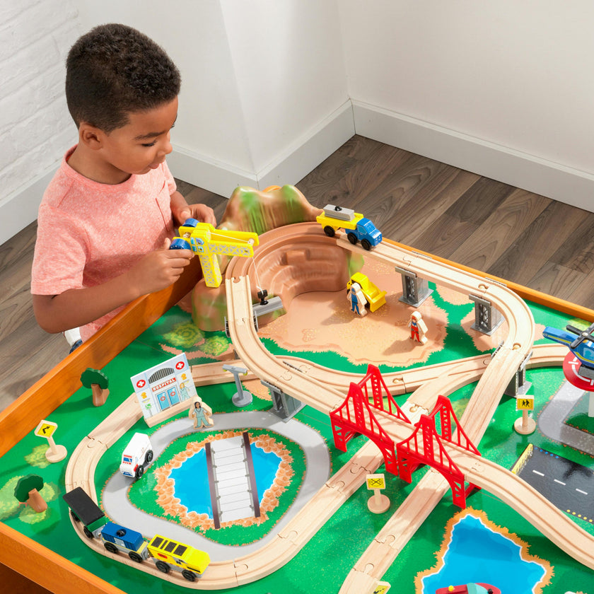 Ride Around Town Wooden Train Set and Table - Honey
