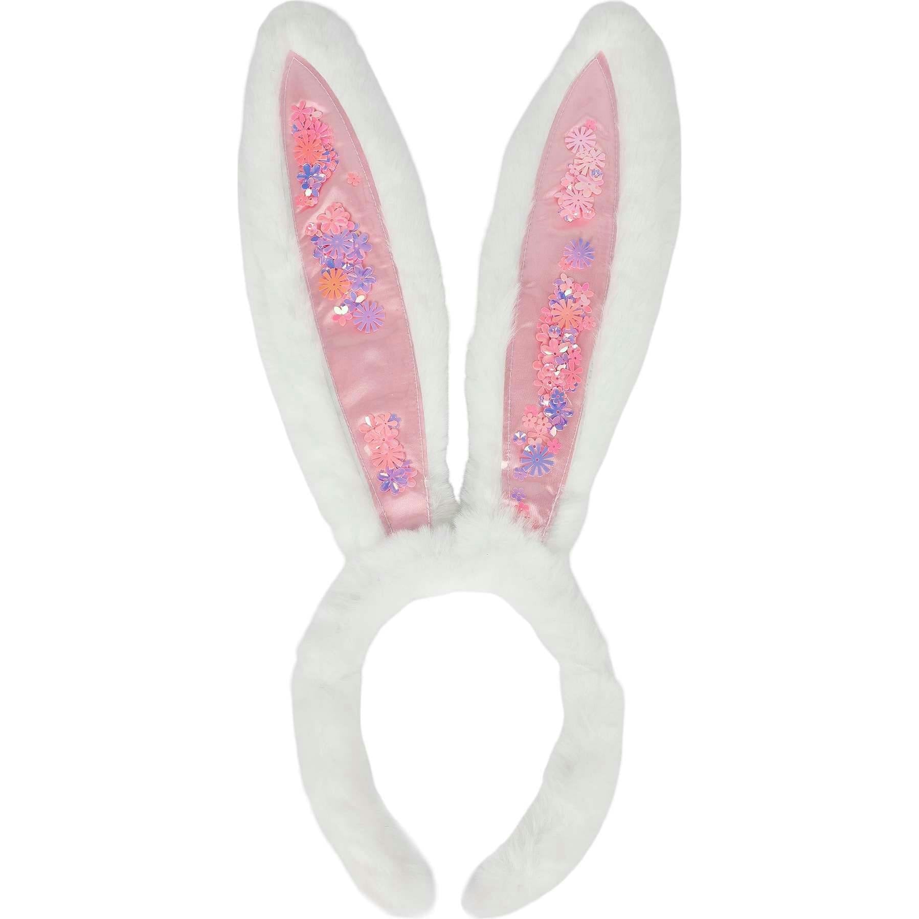 Packed Party Too Cute to Hop Plush Bunny Ears Headband - Trapped Pastel Confetti Interior with Fuzzy White Trim for Easter Parties and Spring Celebrations
