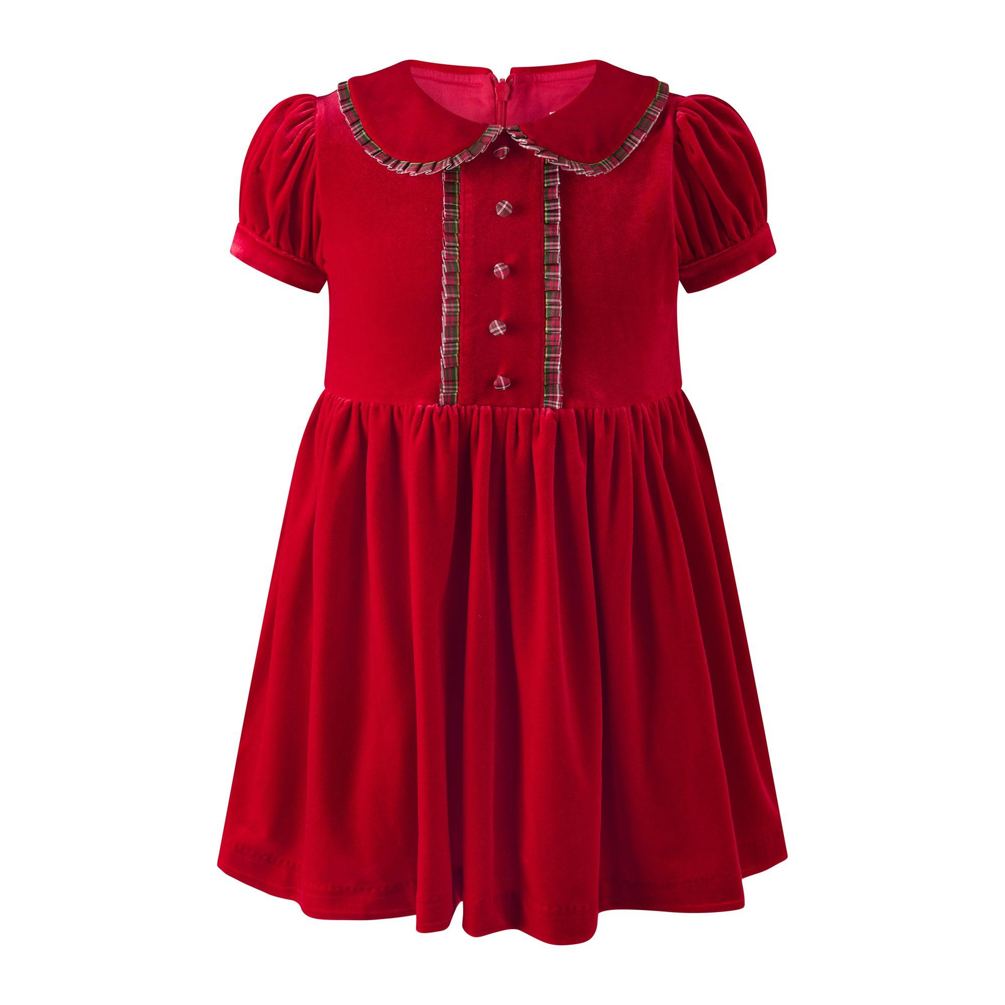 Red Velvet Tartan Trim Dress