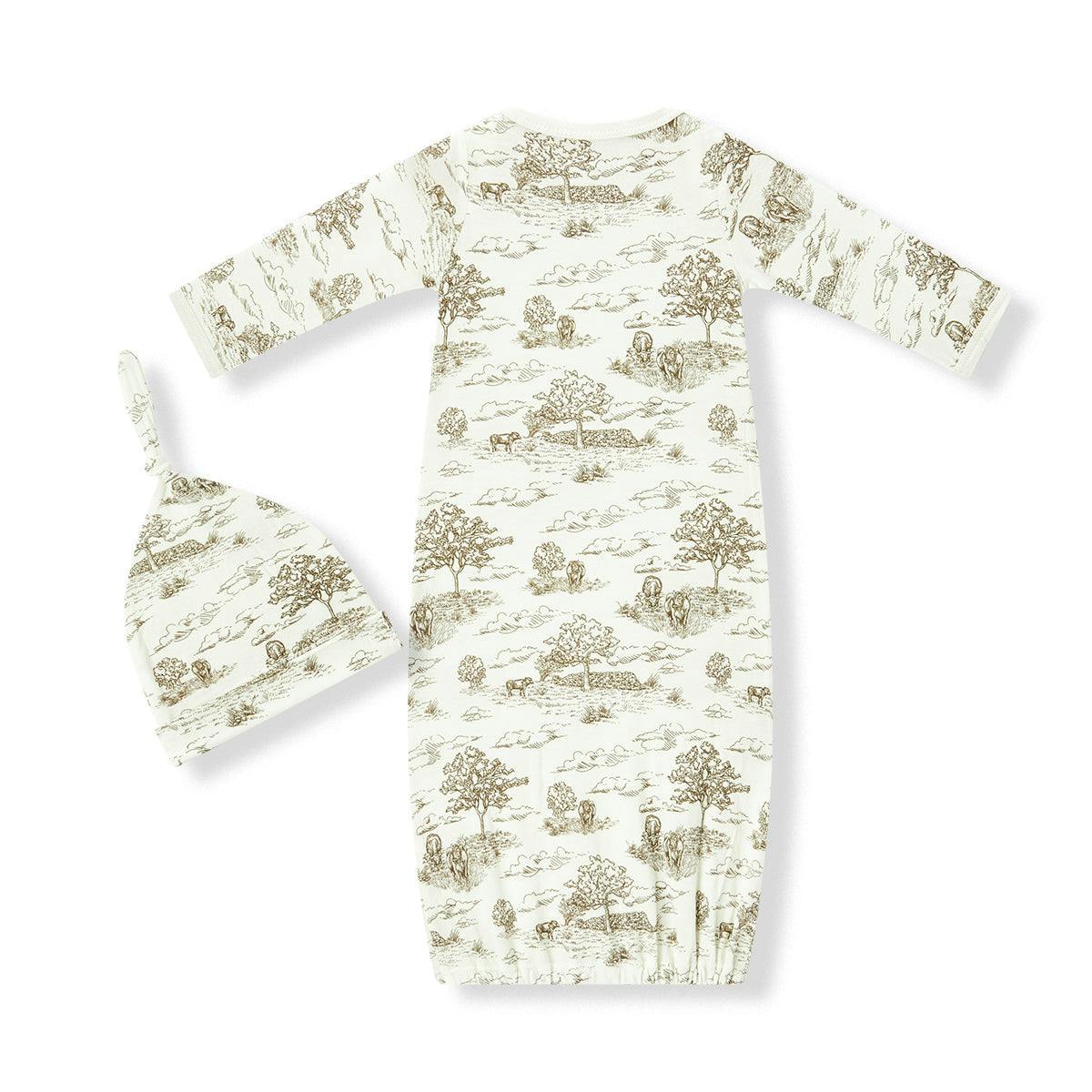 Country Toile Luxe Stretch Newborn Gown & Hat Set