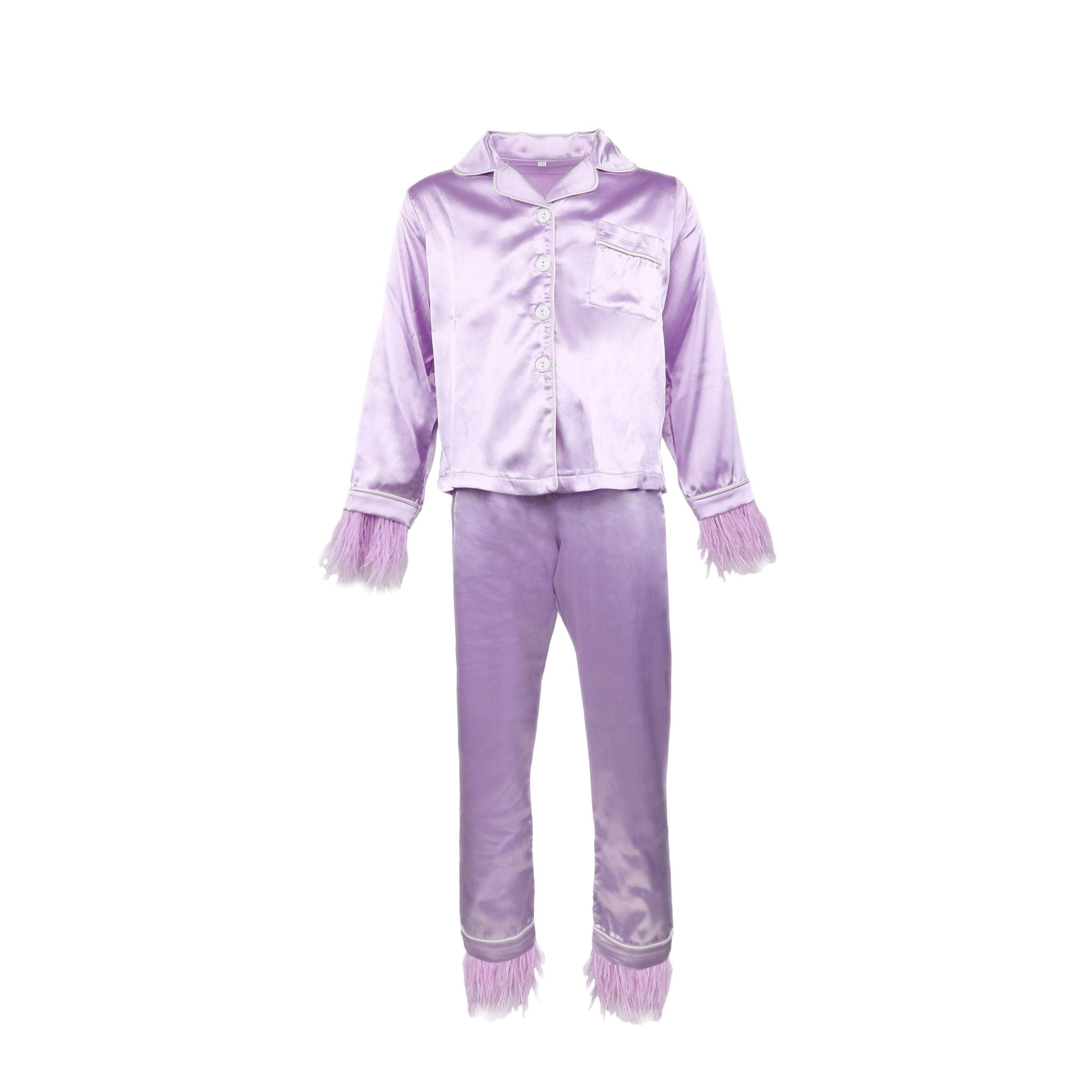 Feather Trim Cuff Silk Pajamas Set