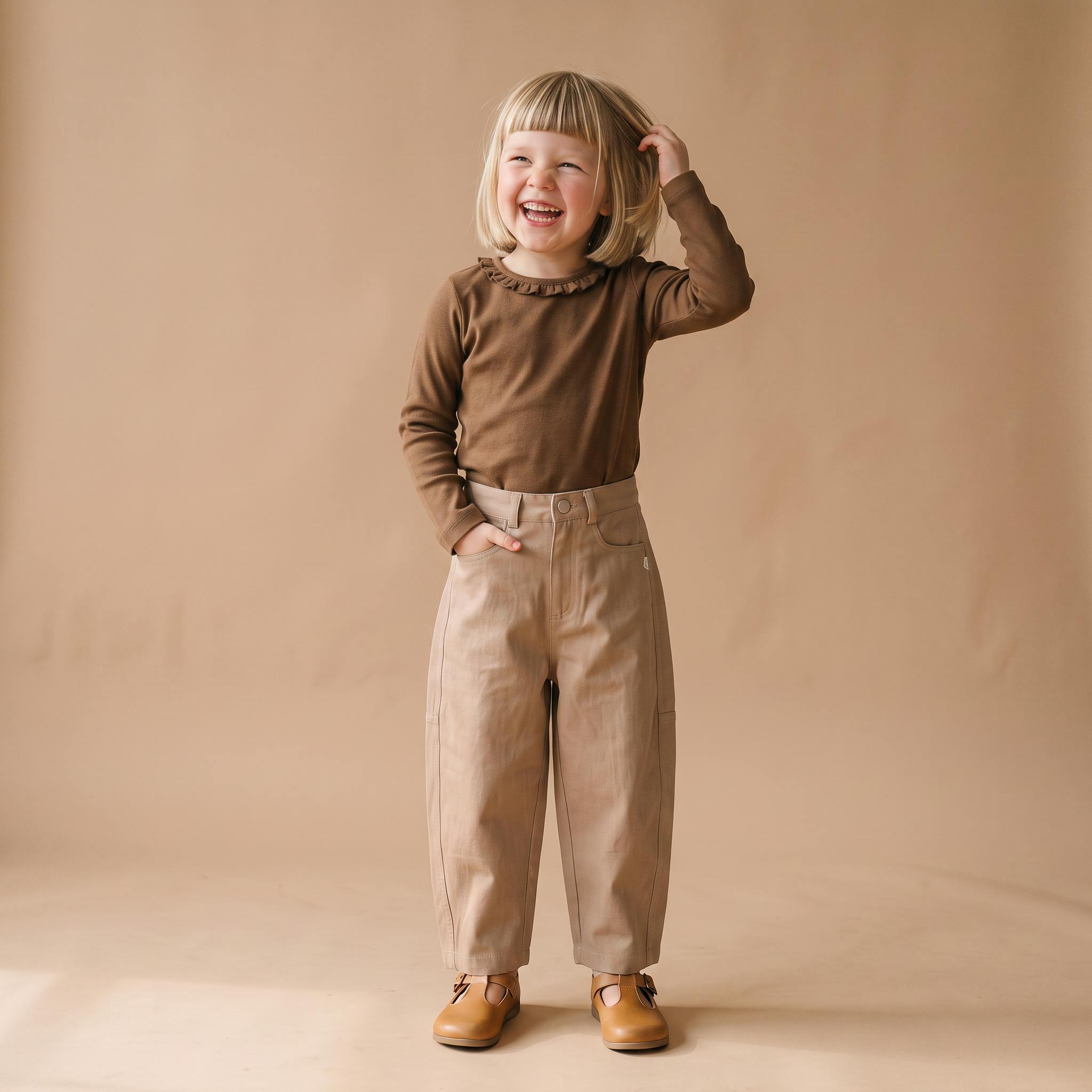 Organic Ruffle Neck Top - Brown