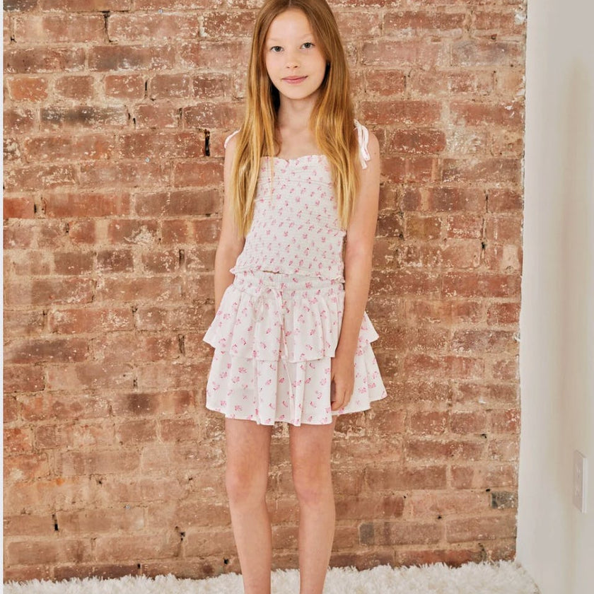 Georgia White With Pastel Pink Ditsy Satin Smocked Top