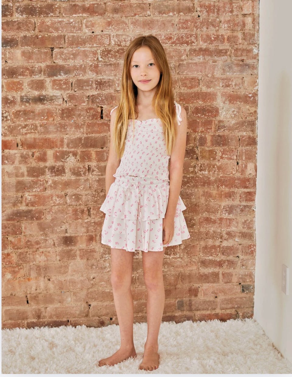 Georgia White With Pastel Pink Ditsy Satin Smocked Top