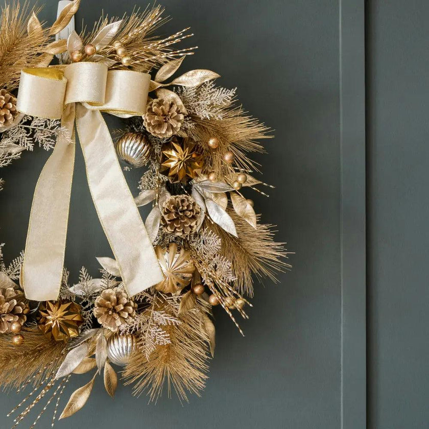 26" Gold Bow, Pinecone & Ornament Wreath Pre-Lit
