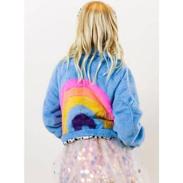 Rainbow Faux Fur Coat Baby Blue