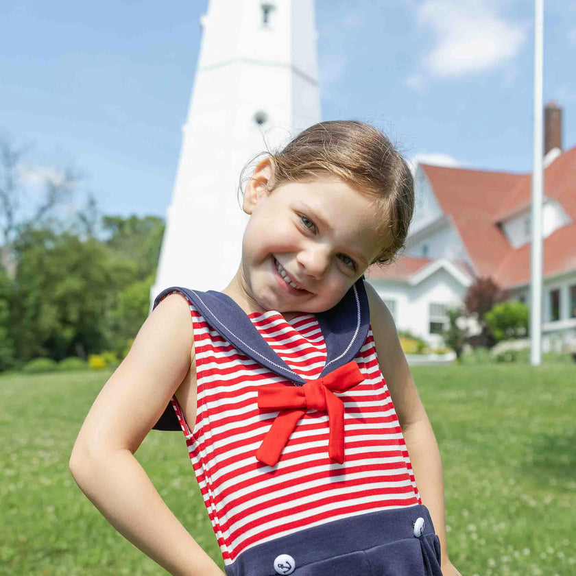Stripe Knit Shorts Romper With Sailor Collar