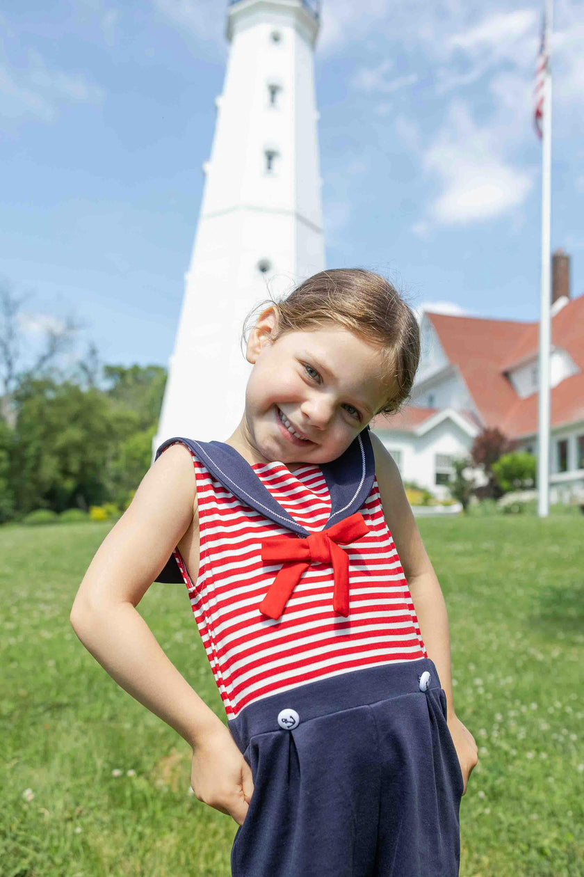 Stripe Knit Shorts Romper With Sailor Collar