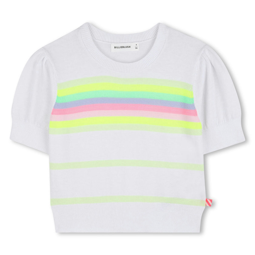 White Knit Sweater with Colorful Neon Stripes