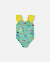 One-Piece Swimsuit Green Beach Print