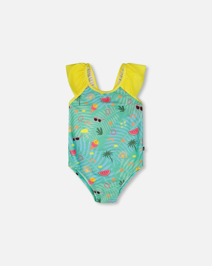 One-Piece Swimsuit Green Beach Print