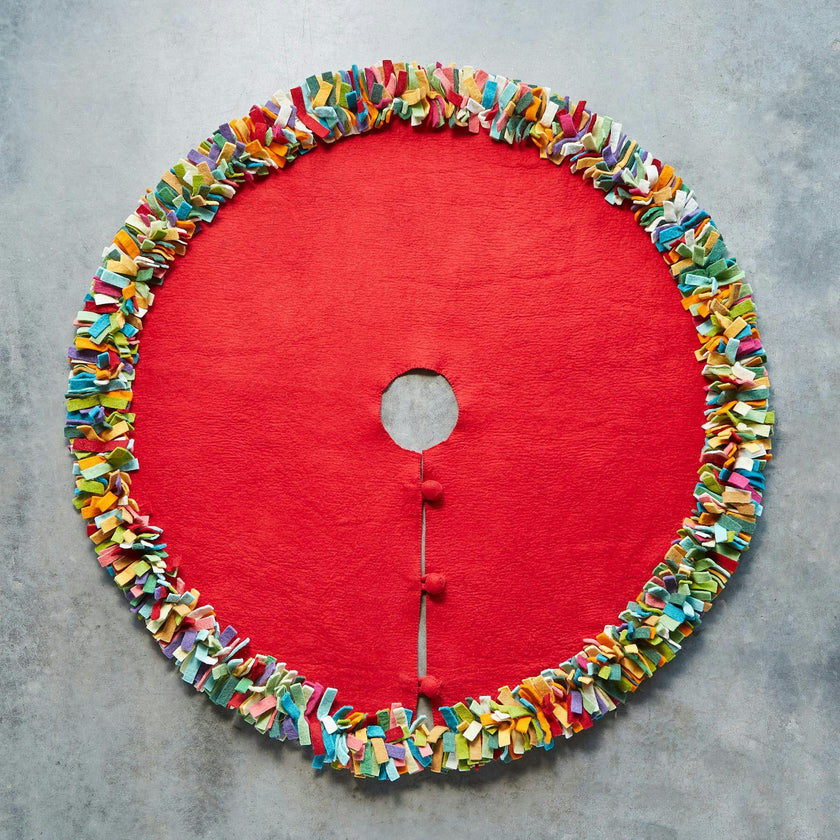 Handmade Felt Multicolor Fringe Border Red Wool Christmas Tree Skirt