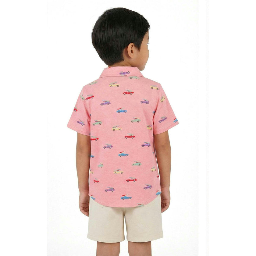 Boys Blue Printed Knit Buttondown | Orange Cars