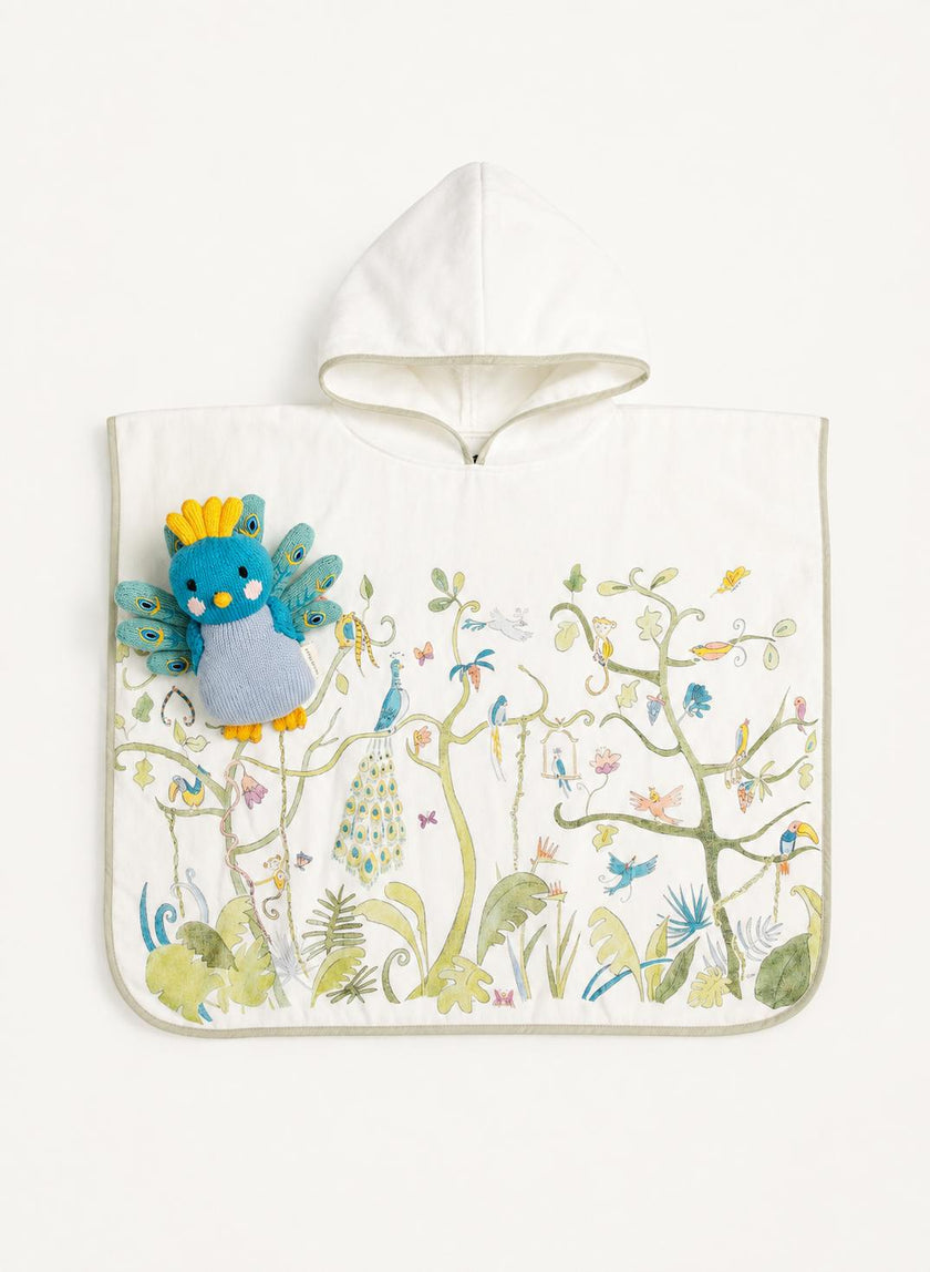 Children's Gift Set: Tropical Chinoiserie Swim Poncho and Violet the Peacock Knit Doll