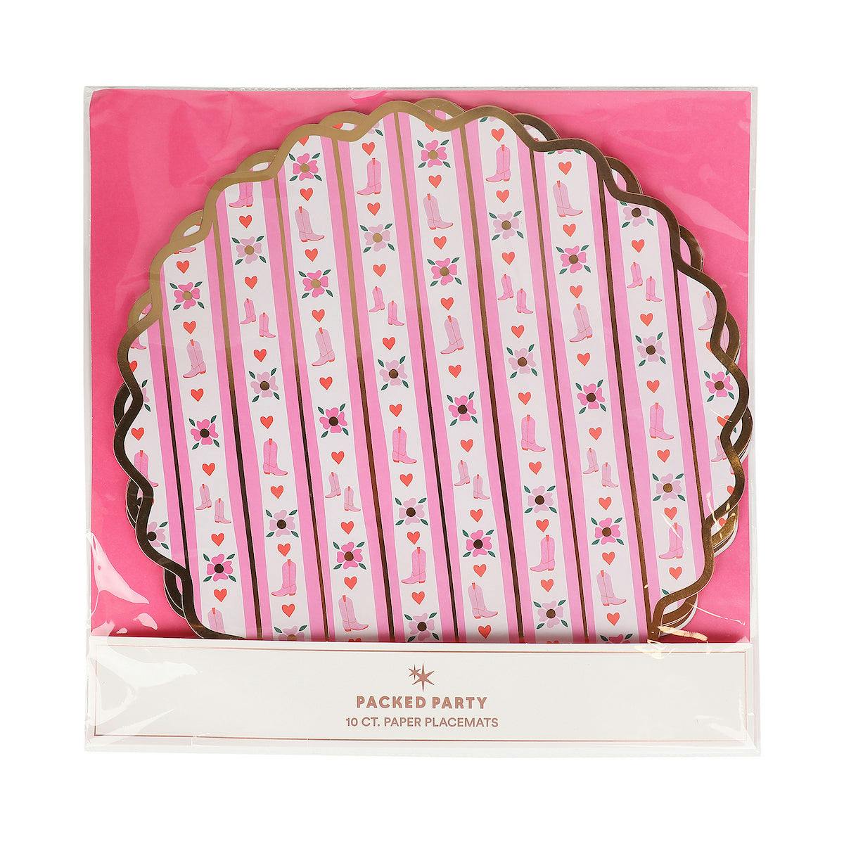 Packed Party Boot Scoot Blooms Western Round Paper Placemats 10ct - Gold Foil Pink Western Pattern 15 Inch Placemats for Western Parties