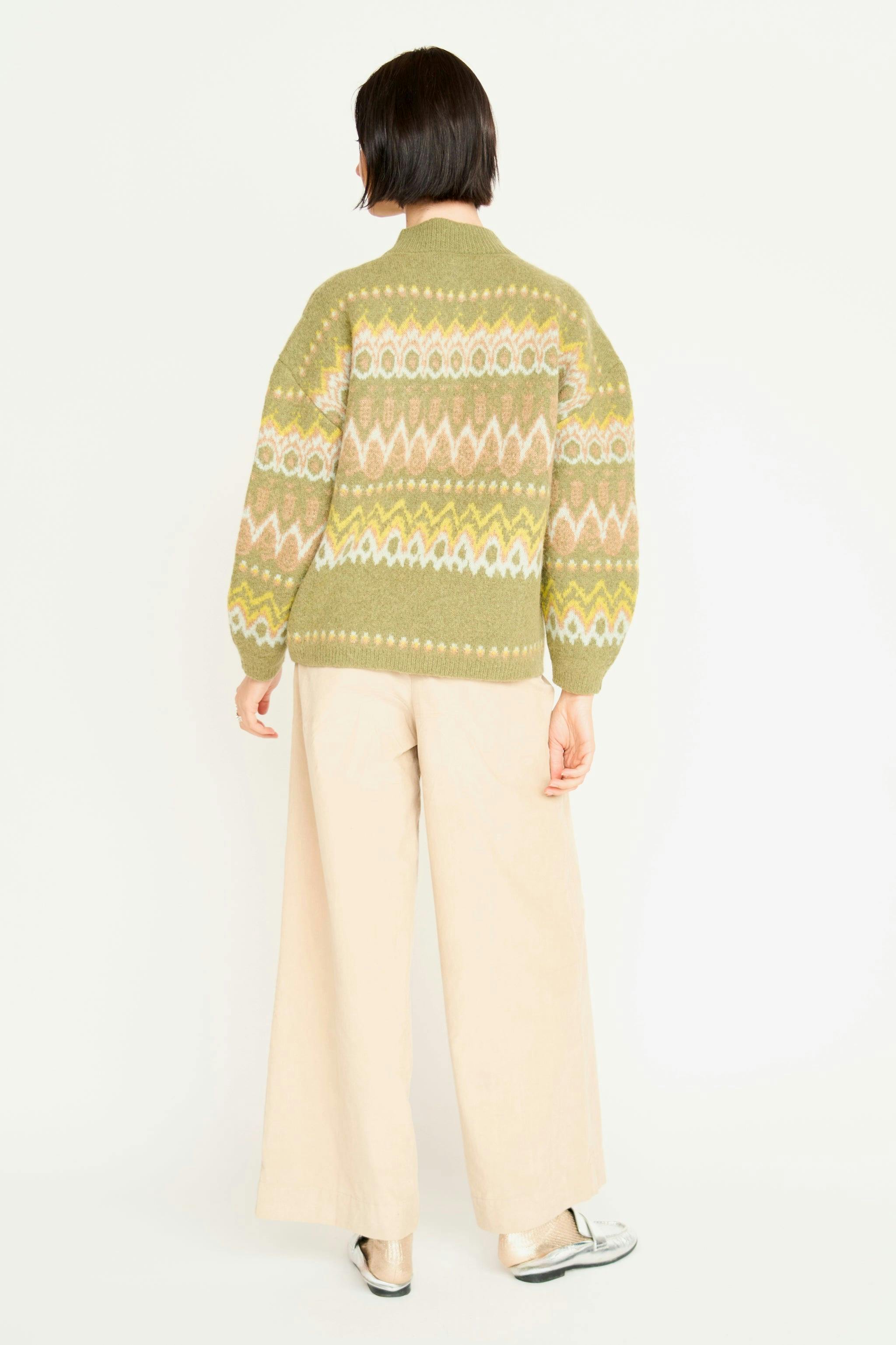 Cusco Fairisle Knit Cardigan in Olive Oil