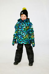 Two Piece Play Snowsuit Green Yellow And Blue Checkerboard With Black Pants