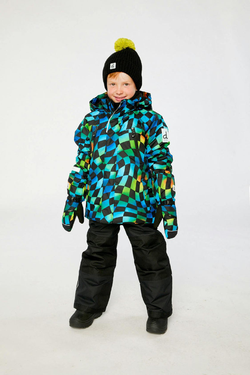 Two Piece Play Snowsuit Green Yellow And Blue Checkerboard With Black Pants