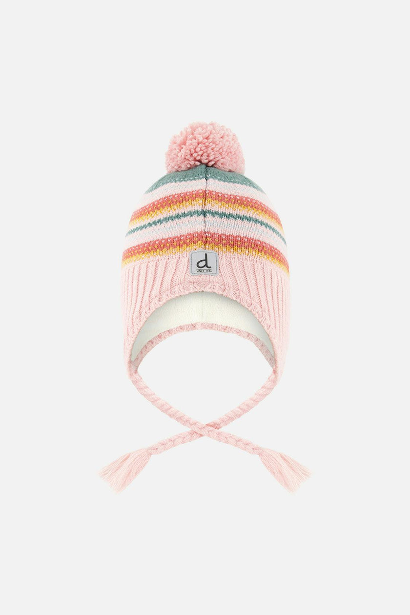 Baby Winter Peruvian Knit Hat with Pompom Pink and Green Jacquard