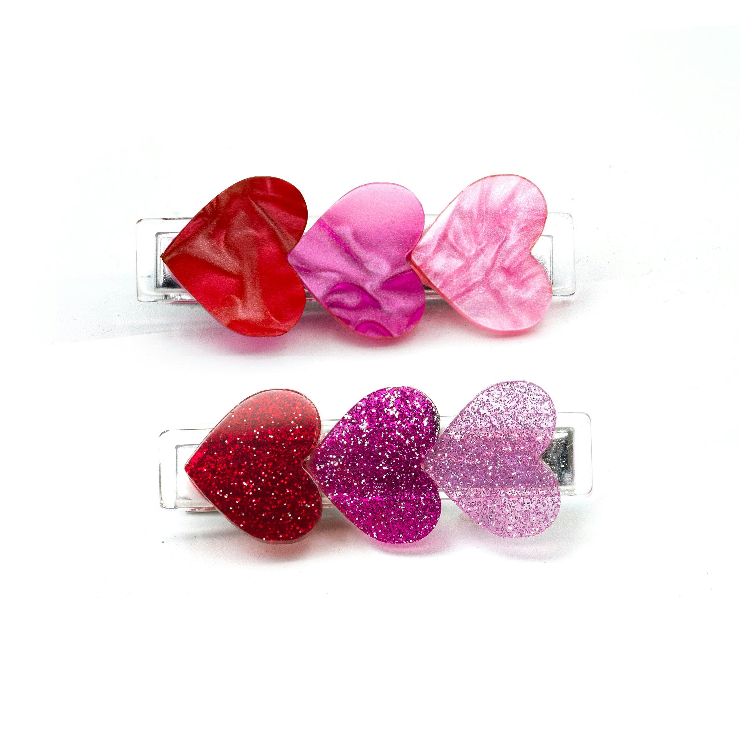 Hearts Glitter Pearlized Red Shades Hair Clips -VAL