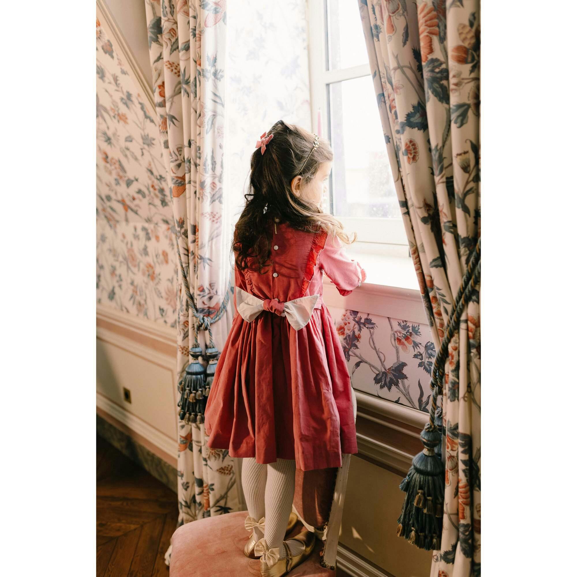 Angele Pink Corduroy Long Sleeve Smocked Dress