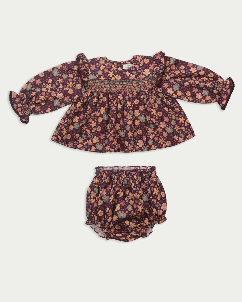 Ellie Baby Dress & Bloomer Set - Garden Flowers Plum
