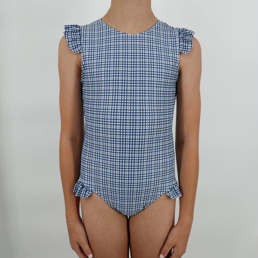 girls newport navy gingham ruffle cap sleeve one piece