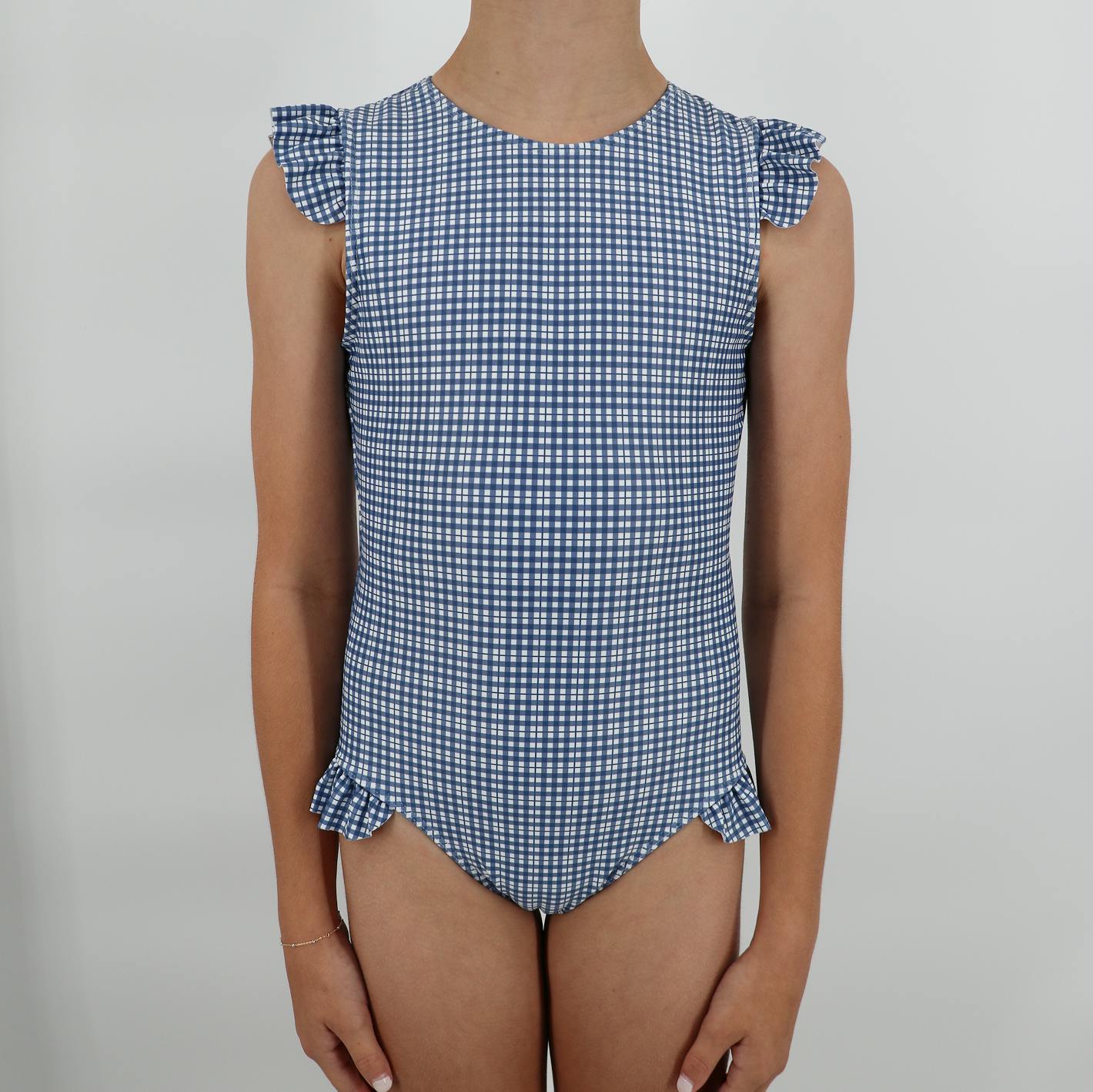 girls newport navy gingham ruffle cap sleeve one piece