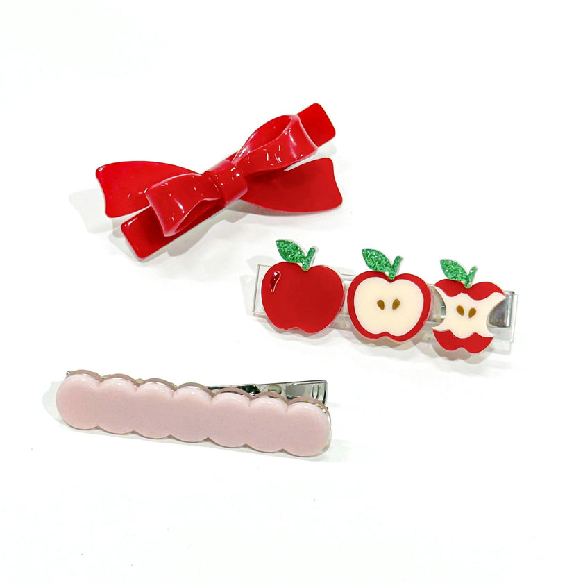 Apple Bite Red Bow Trio Hair Clips -BTS