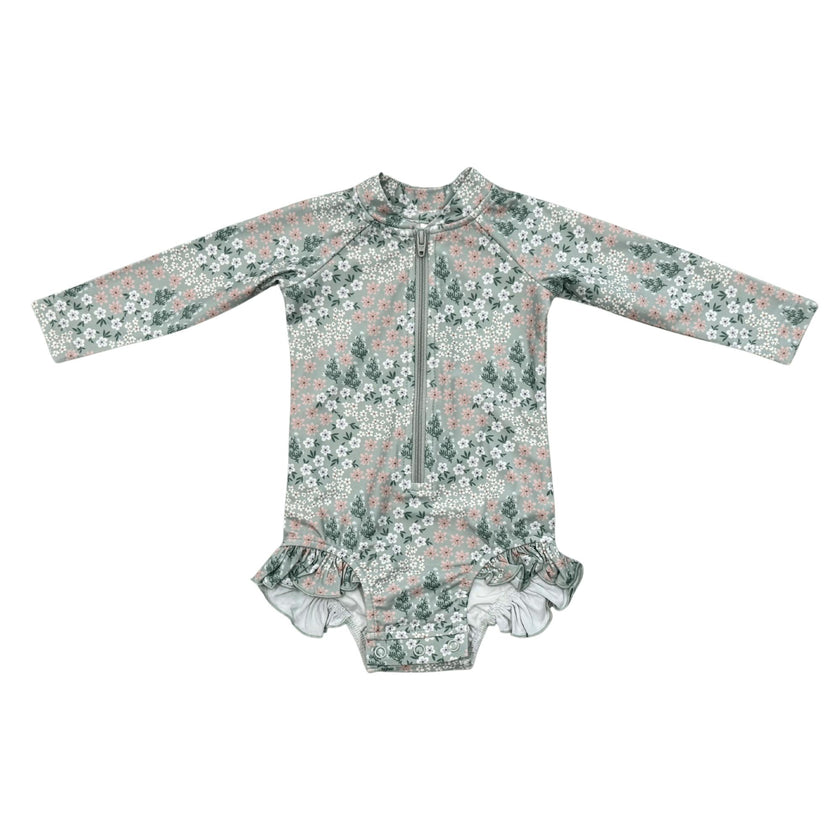 Girl's One-Piece Ruffle Rash Guard Swimsuit
