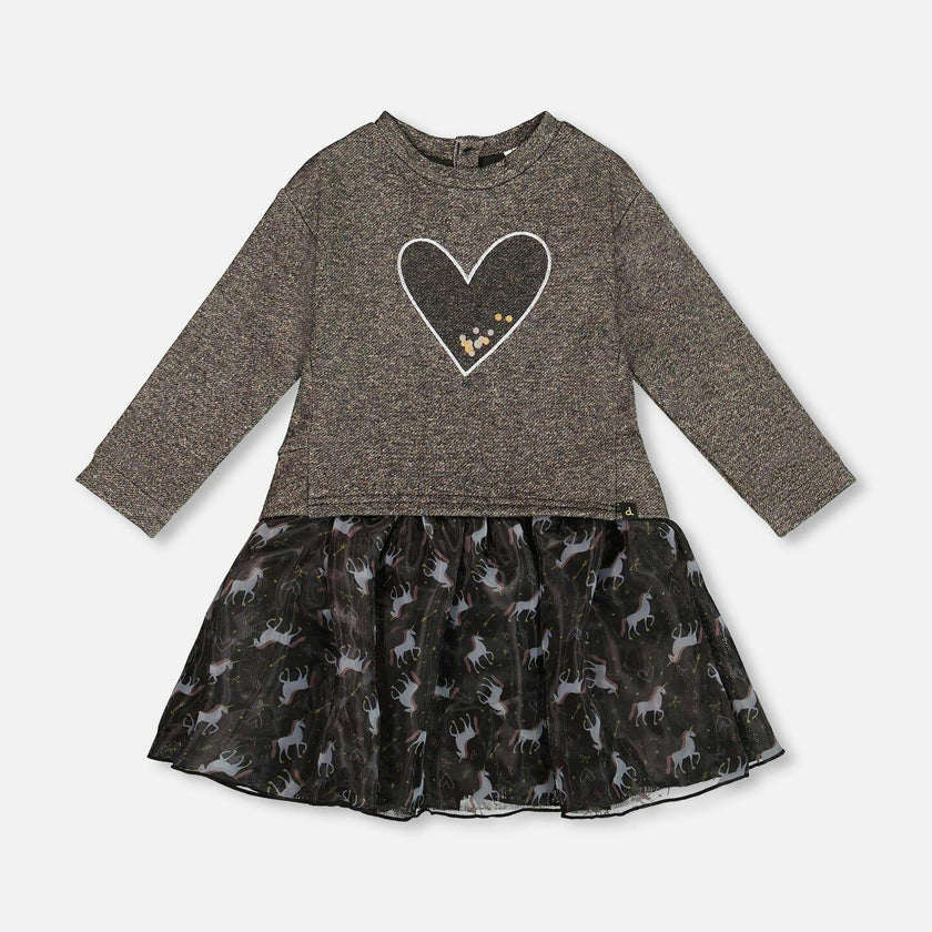 Bi-Material Dress with Mesh Skirt and Heart