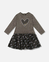 Bi-Material Dress with Mesh Skirt and Heart
