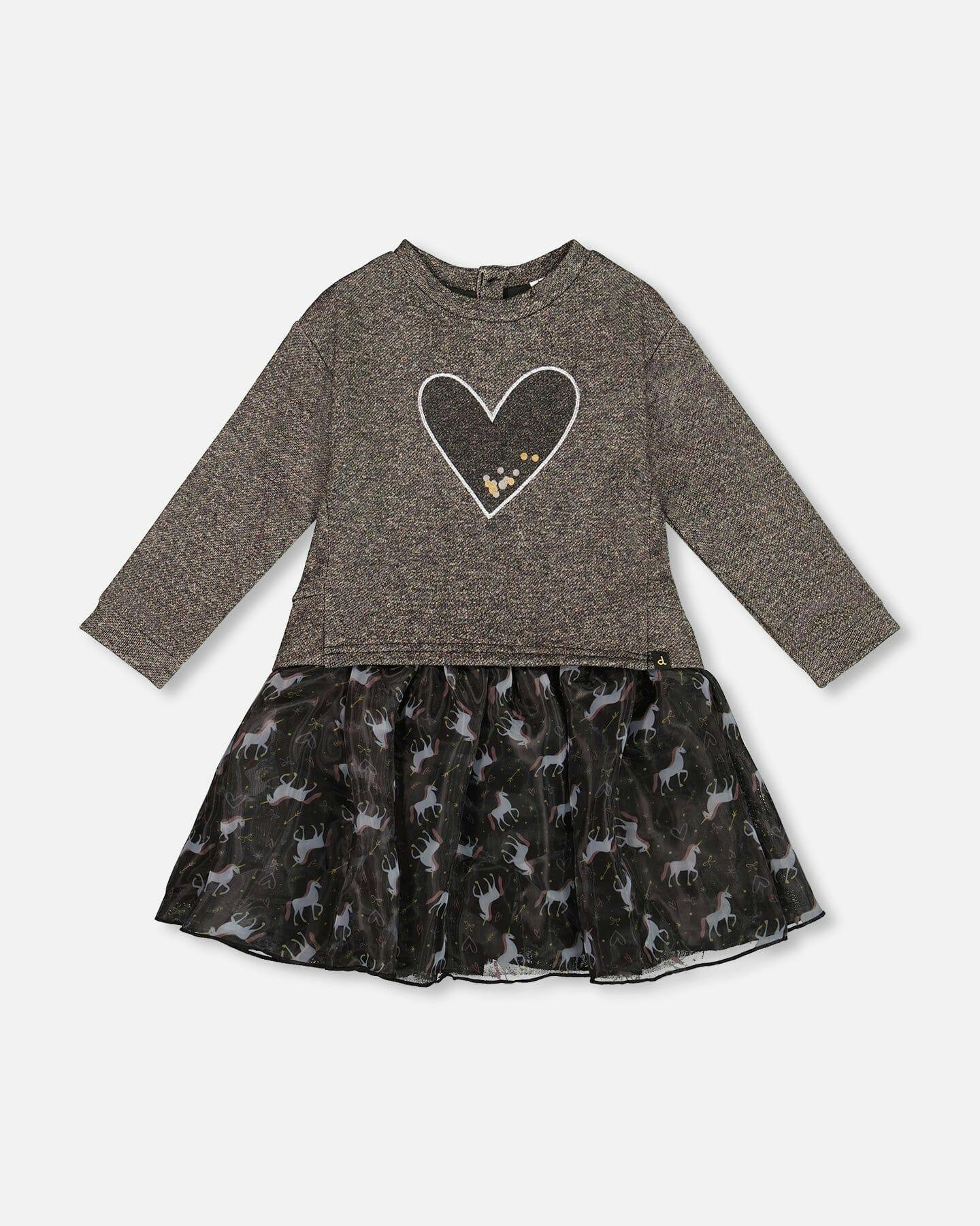 Bi-Material Dress with Mesh Skirt and Heart