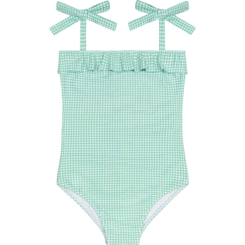 girls gustavia gingham ruffle front tie strap one piece