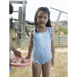 Eggs Print Ruffle Shoulder Swimsuit, Blue