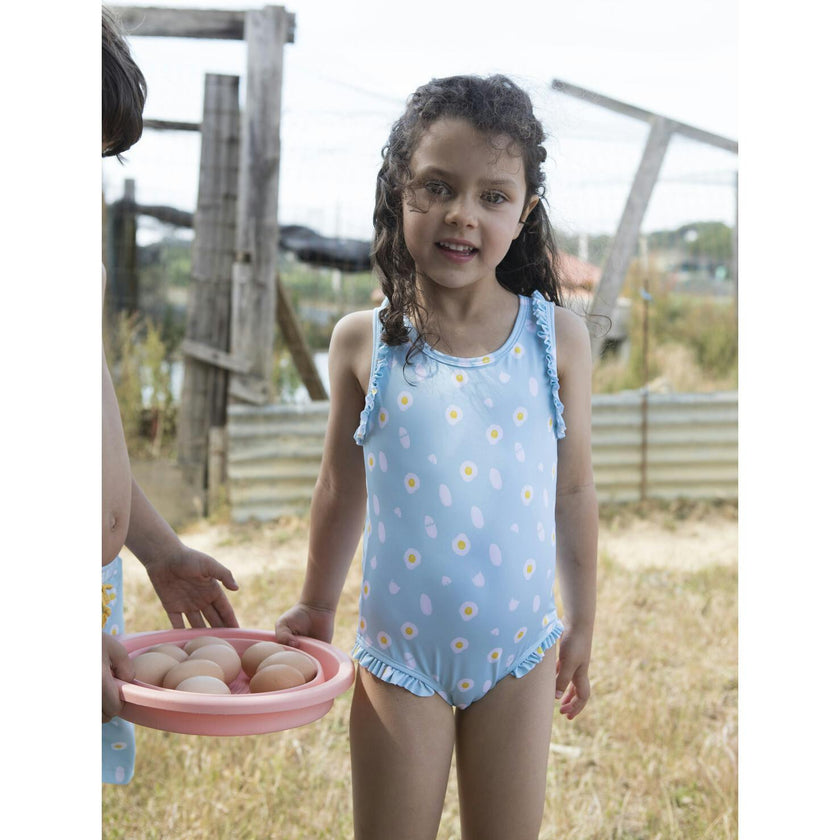 Eggs Print Ruffle Shoulder Swimsuit, Blue