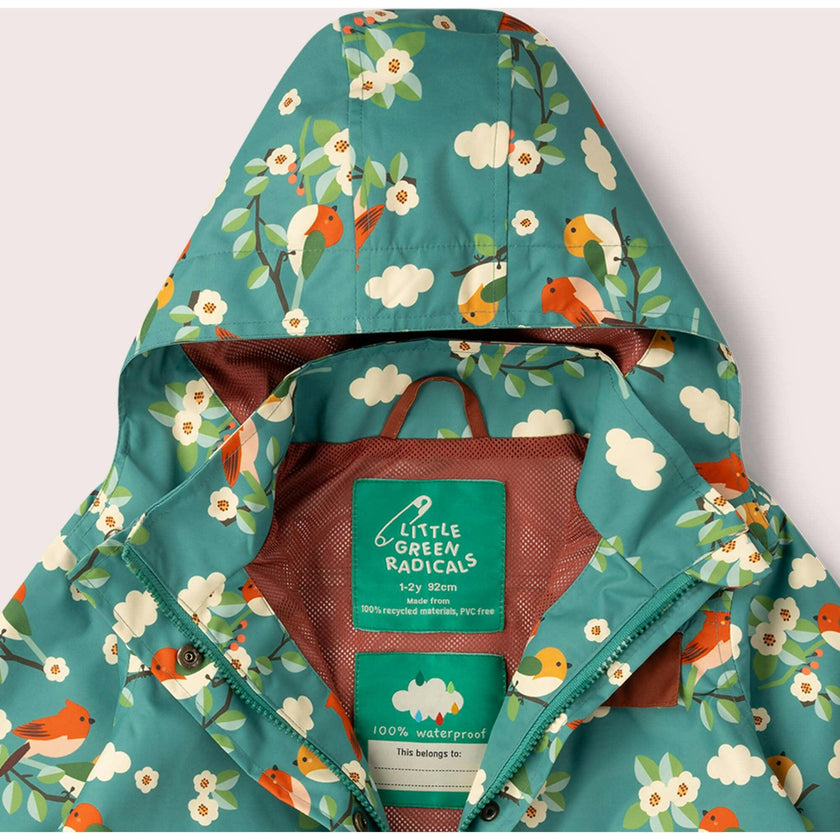 Turquoise Birds Recycled Waterproof Raincoat, Turquoise