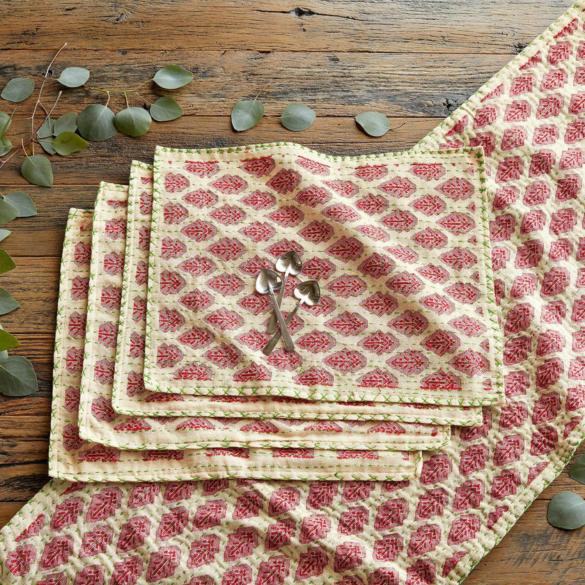 Artisan Hand Loomed Cotton Table Runner - Red Green Stitching - 18"x96"