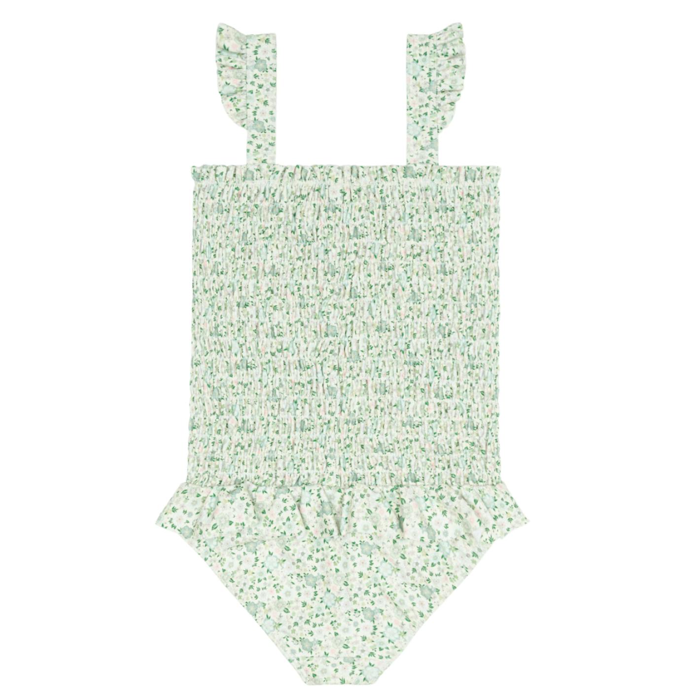 girls sea marsh floral ruffle smocked one piece