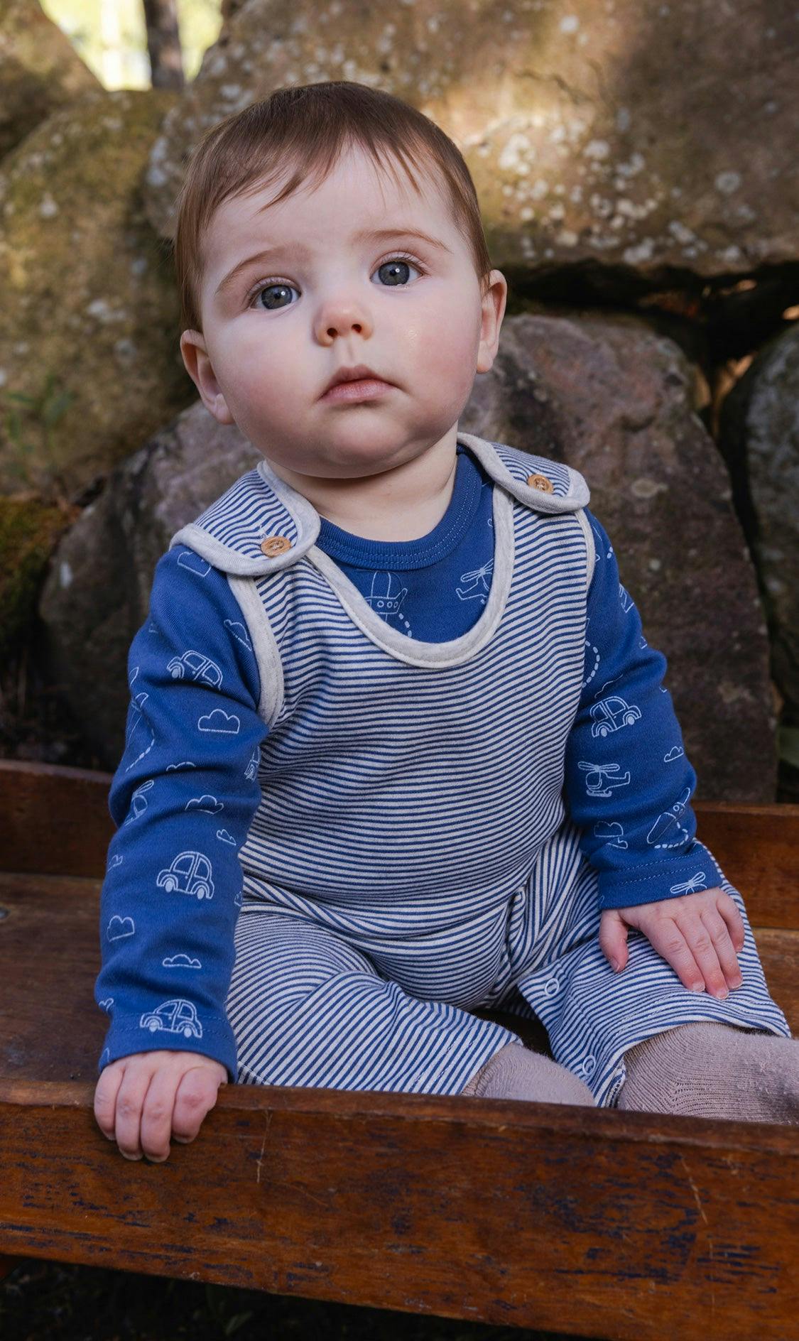 Organic Cotton Onesie With Overalls Set Blue Printed Transportation