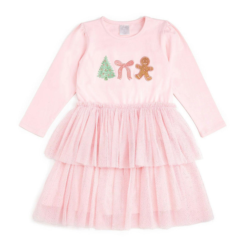 Gingerbread Embroidered Christmas Long Sleeve Tutu Dress